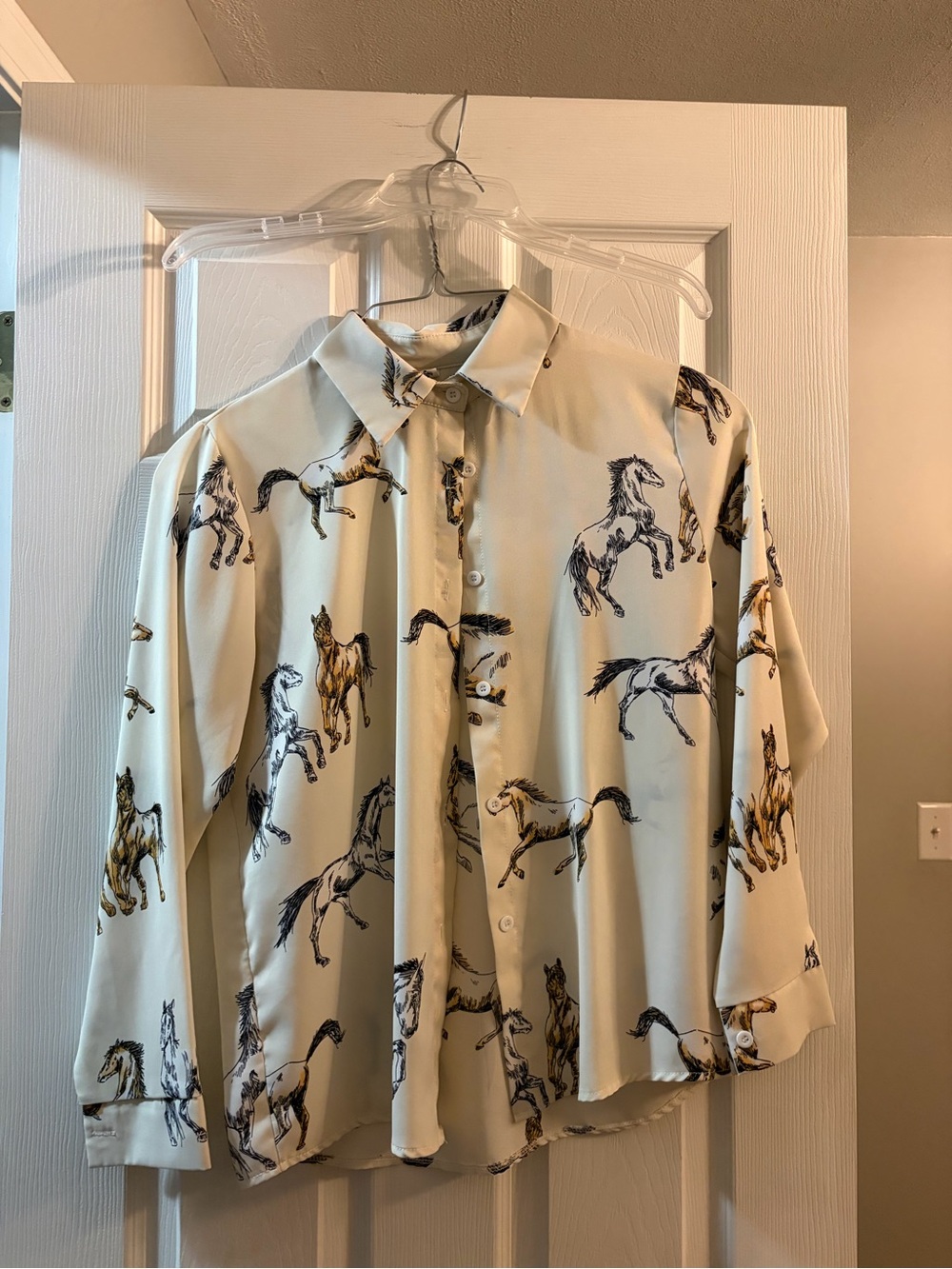 Cream Horse-Print Button-Up Blouse - Unbranded